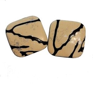 Retro Beige and Black Abstract Clip-On Earrings  Vintage 1980s Geometric Jewelry